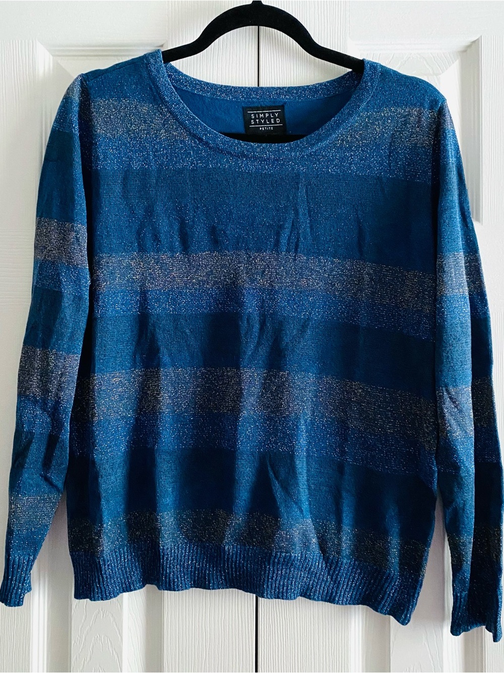 SIMPLY STYLED BLUE KNIT METALLIC HORIZONTAL STRIPE LONG SLEEVE CREWNECK TOP L P